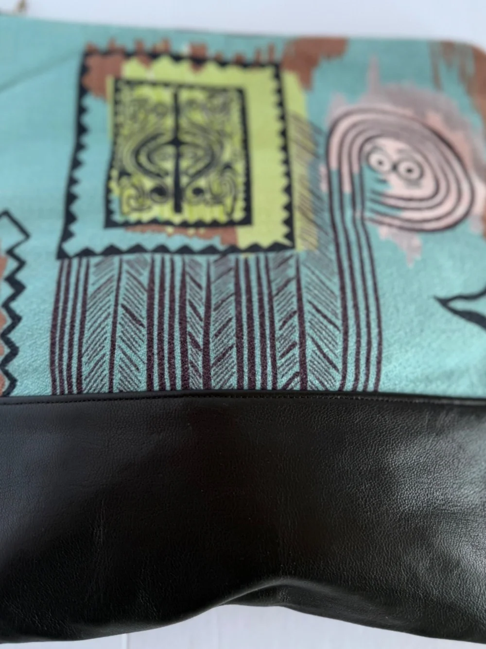 Unique Artisan Fold-Over Leather Clutch Featuring Mid-Century Barkcloth